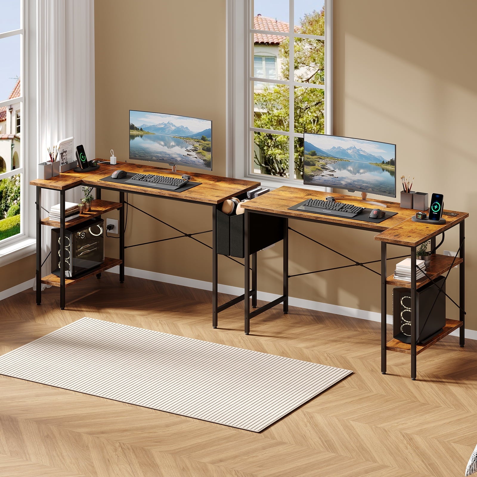 CONCETTA 39 inch Gaming Computer Desk with Power Outlet &amp; LED Strip, Reversible Storage Shelves for Home Office, Black