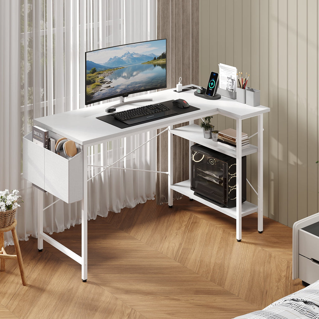 CONCETTA 39 inch Gaming Computer Desk with Power Outlet &amp; LED Strip, Reversible Storage Shelves for Home Office, Black