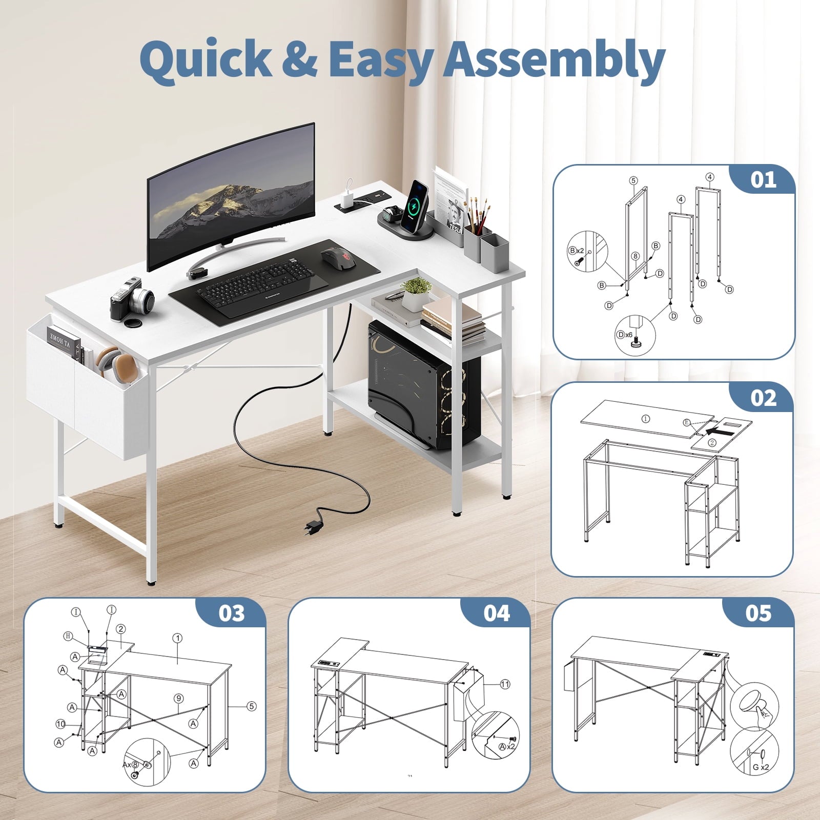 CONCETTA 39 inch Gaming Computer Desk with Power Outlet &amp; LED Strip, Reversible Storage Shelves for Home Office, Black