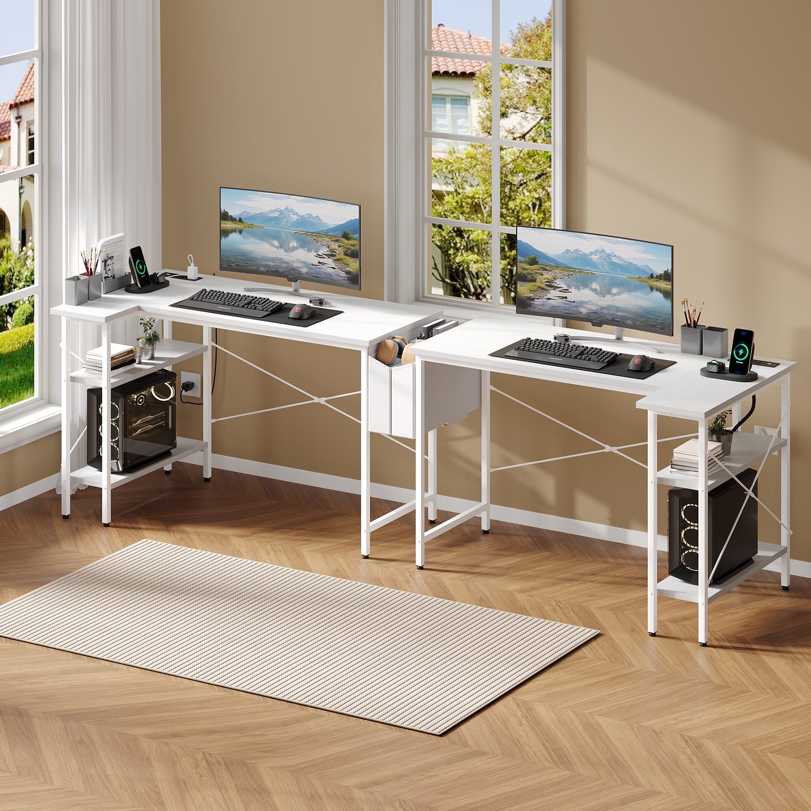 CONCETTA 39 inch Gaming Computer Desk with Power Outlet &amp; LED Strip, Reversible Storage Shelves for Home Office, Black