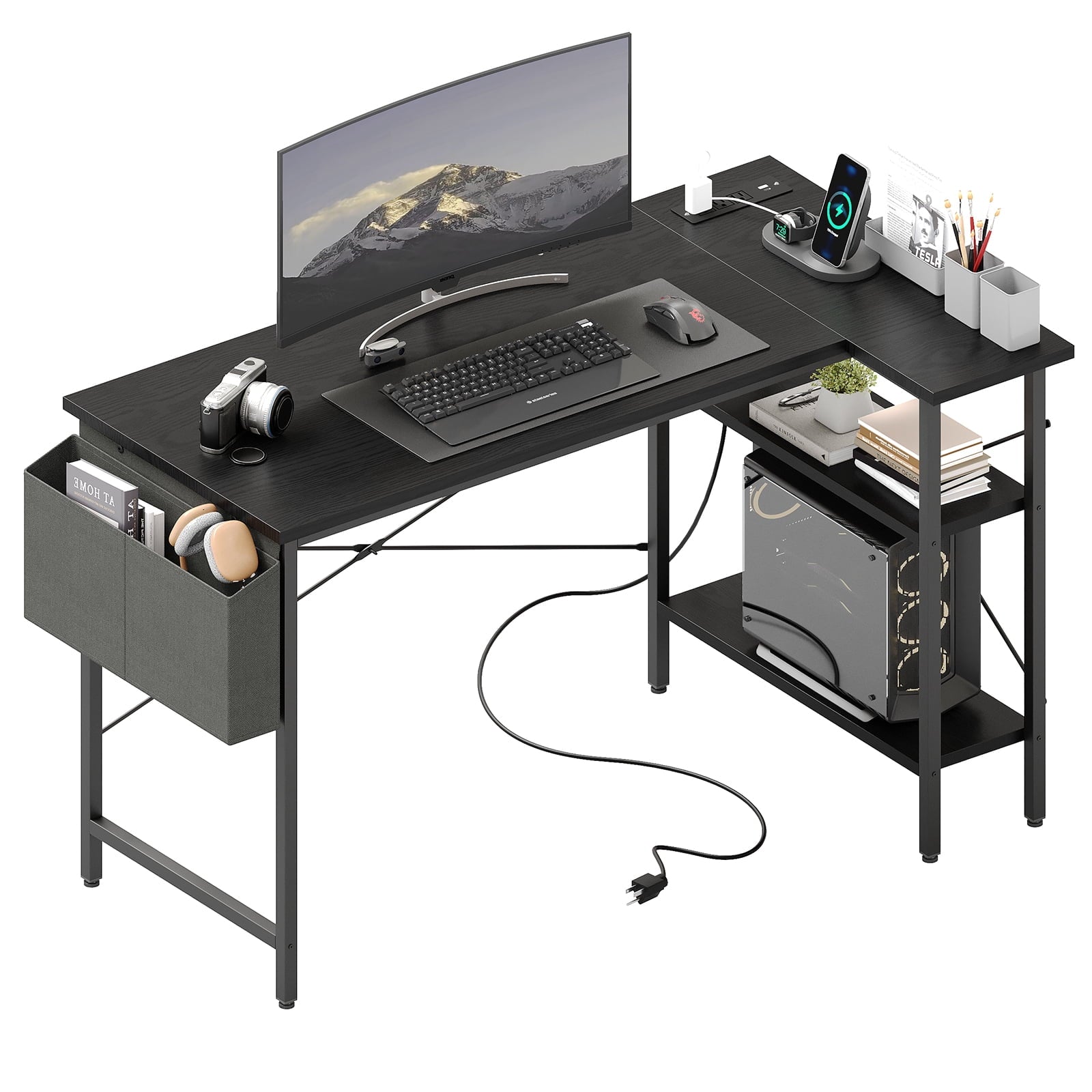 CONCETTA 39 inch Gaming Computer Desk with Power Outlet &amp; LED Strip, Reversible Storage Shelves for Home Office, Black