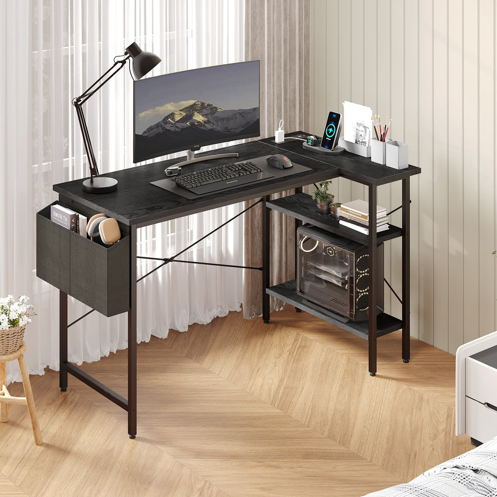 CONCETTA 39 inch Gaming Computer Desk with Power Outlet &amp; LED Strip, Reversible Storage Shelves for Home Office, Black