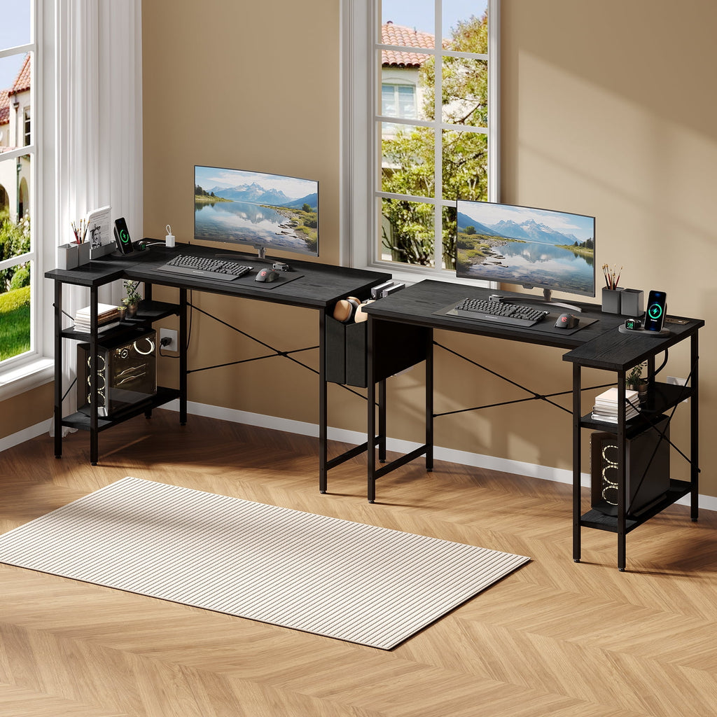 CONCETTA 39 inch Gaming Computer Desk with Power Outlet &amp; LED Strip, Reversible Storage Shelves for Home Office, Black