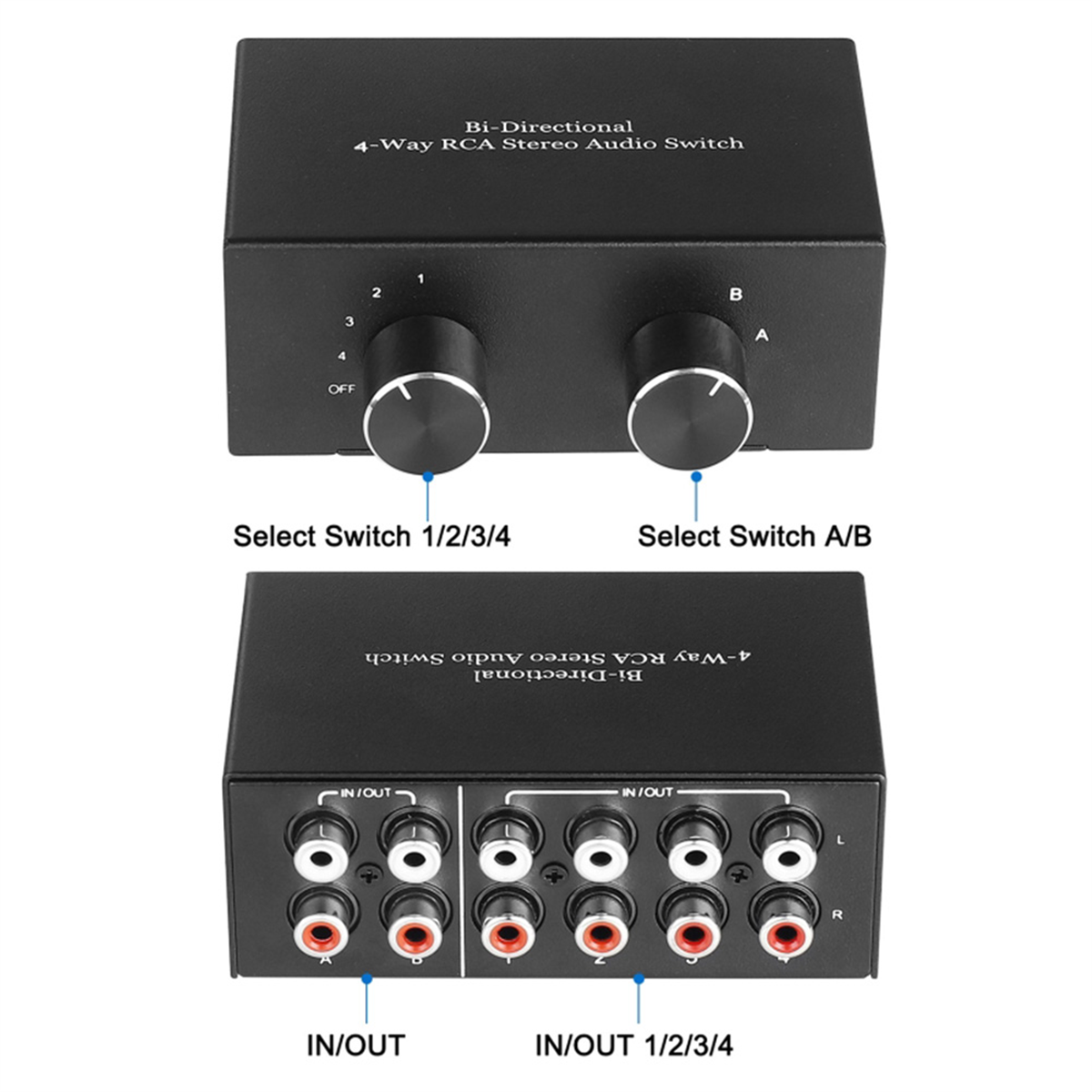 4 Way Bi-Directional RCA Stereo Audio Switch 2 in 4 Out or 4 in 2 Out L/R Jack Sound Channel RCA Audio Switcher Selector