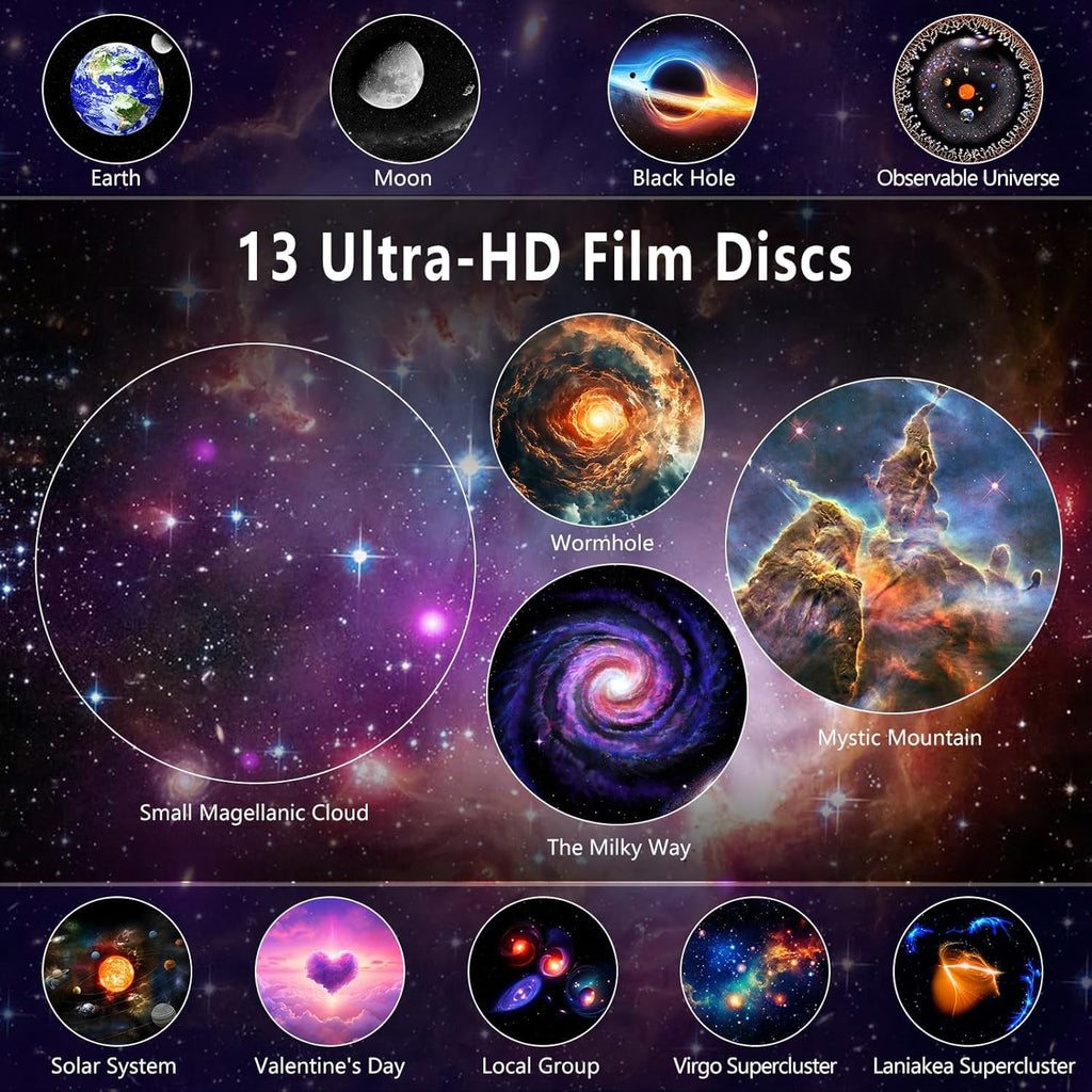 Upgrade Galaxy Projector for Bedroom, Home Planetarium Projector Lamp,LED Space Galaxy Lamp, Room Decor for Kids Adults with 13 Planet Discs, Moon/Nebula/Night Light Star Projector with Timer