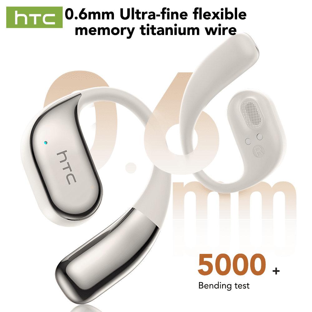HTC NE39 Wireless Bluetooth 6.0 Open-Ear Earbuds, AI Translator, Noise-Cancelling Headphones, 130+ Languages, 40H Playtime, IPX5 Waterproof, Off-White