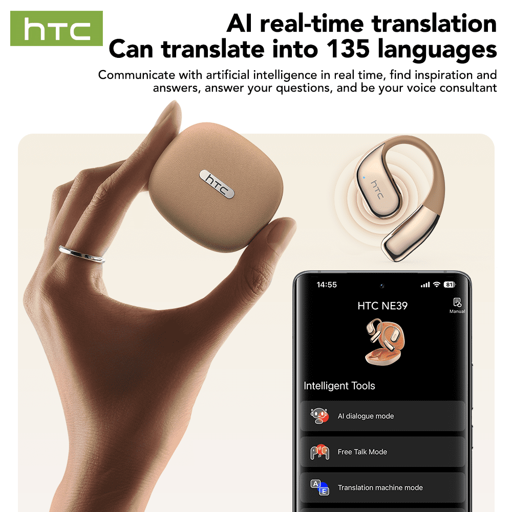 HTC NE39 Wireless Bluetooth 6.0 Open-Ear Earbuds, AI Translator, Noise-Cancelling Headphones, 130+ Languages, 40H Playtime, IPX5 Waterproof, Off-White