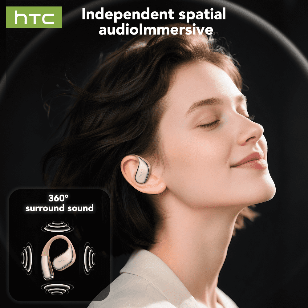 HTC NE39 Wireless Bluetooth 6.0 Open-Ear Earbuds, AI Translator, Noise-Cancelling Headphones, 130+ Languages, 40H Playtime, IPX5 Waterproof, Off-White