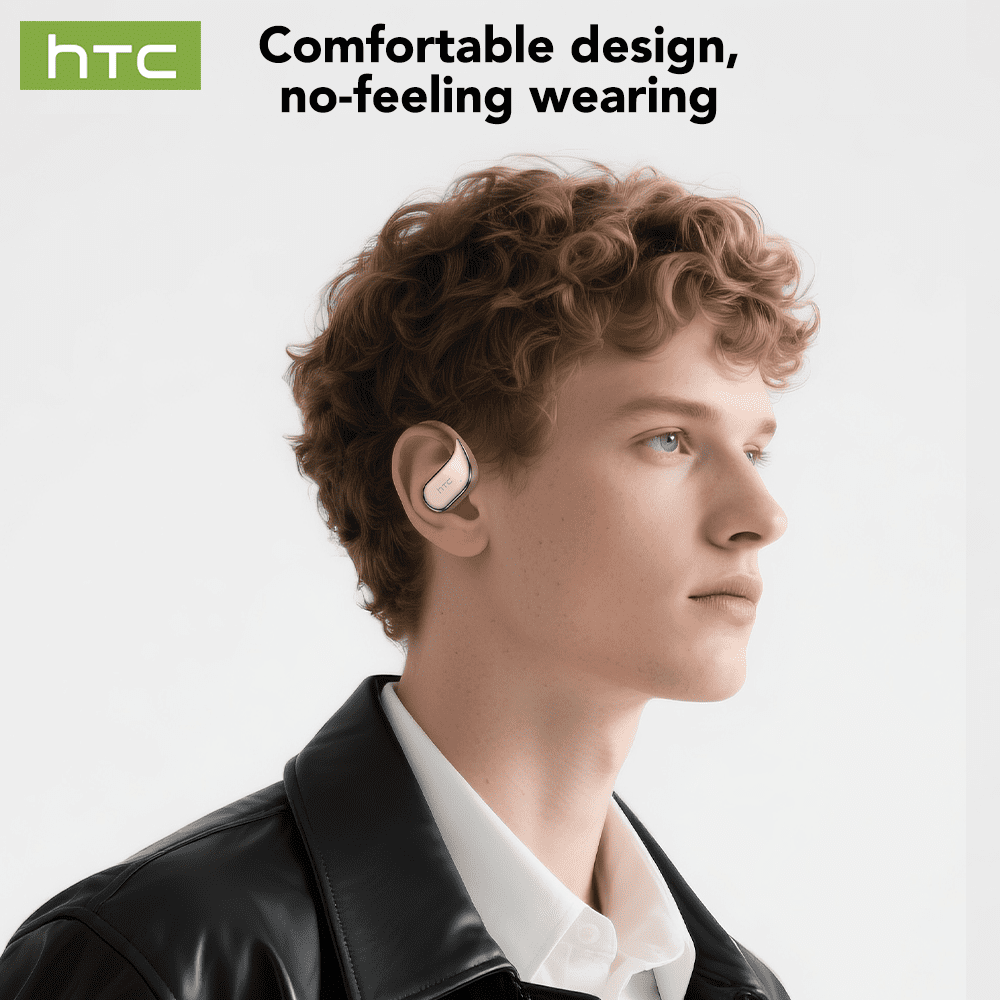 HTC NE39 Wireless Bluetooth 6.0 Open-Ear Earbuds, AI Translator, Noise-Cancelling Headphones, 130+ Languages, 40H Playtime, IPX5 Waterproof, Off-White