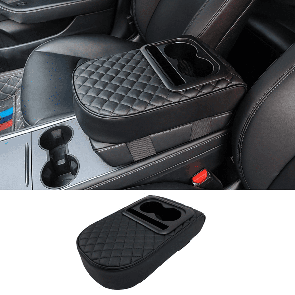 Auto Center Console Armrest Pillow, Memory Foam Car Armrest Cushion with Cup Holder and Phone Holder Universal