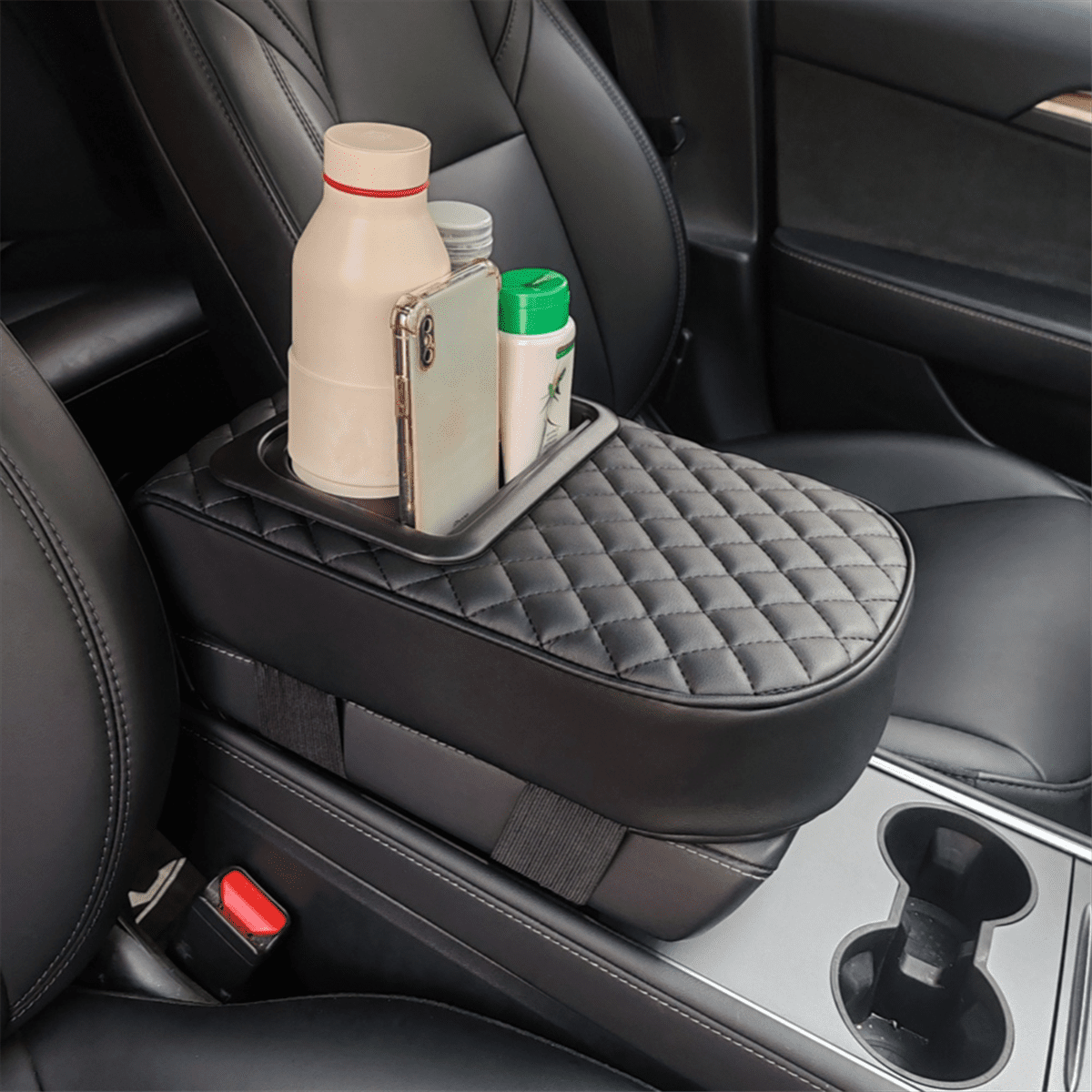 Auto Center Console Armrest Pillow, Memory Foam Car Armrest Cushion with Cup Holder and Phone Holder Universal