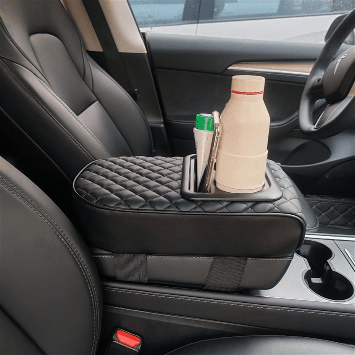 Auto Center Console Armrest Pillow, Memory Foam Car Armrest Cushion with Cup Holder and Phone Holder Universal