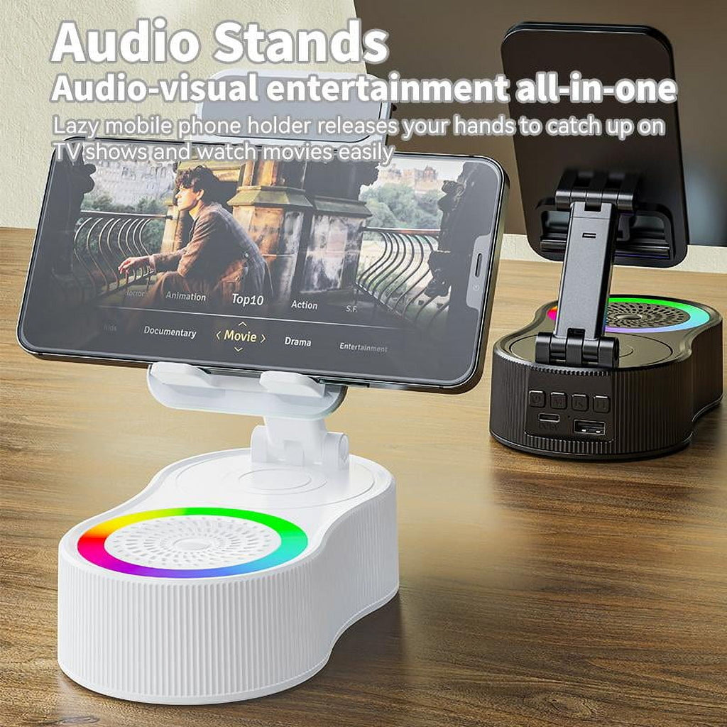 Wireless InductionAudio Bluetooth Speaker 5in1 Phone Holder Emergency Rechargeable (3000mAh) with Colorful Ambient Light 300° Foldable for Tablet iPhone Android phone holder speaker