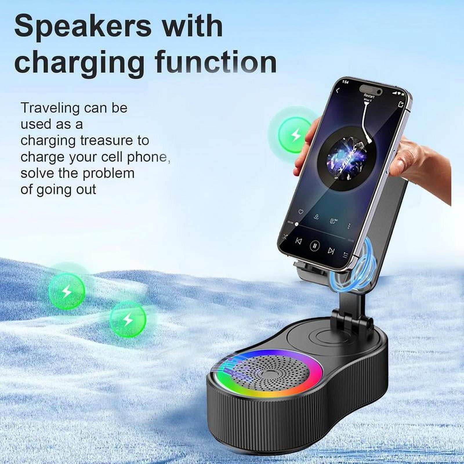 Wireless InductionAudio Bluetooth Speaker 5in1 Phone Holder Emergency Rechargeable (3000mAh) with Colorful Ambient Light 300° Foldable for Tablet iPhone Android phone holder speaker