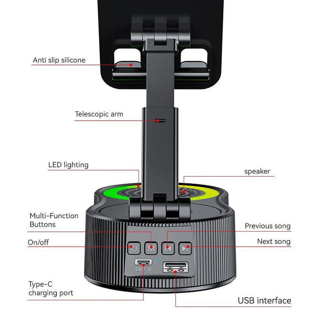 Wireless InductionAudio Bluetooth Speaker 5in1 Phone Holder Emergency Rechargeable (3000mAh) with Colorful Ambient Light 300° Foldable for Tablet iPhone Android phone holder speaker