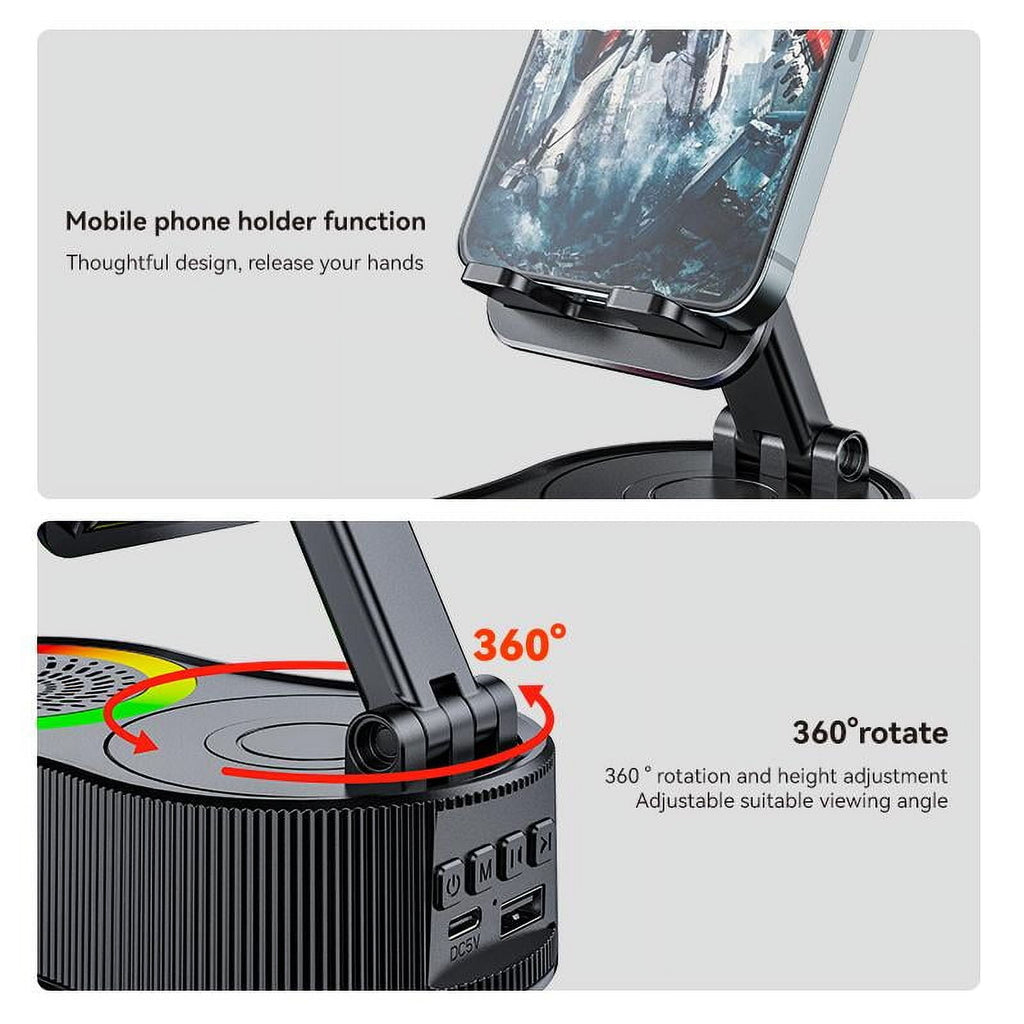 Wireless InductionAudio Bluetooth Speaker 5in1 Phone Holder Emergency Rechargeable (3000mAh) with Colorful Ambient Light 300° Foldable for Tablet iPhone Android phone holder speaker