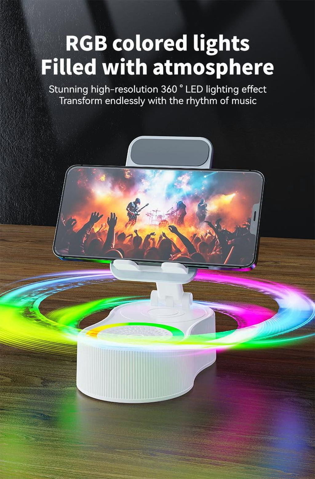Wireless InductionAudio Bluetooth Speaker 5in1 Phone Holder Emergency Rechargeable (3000mAh) with Colorful Ambient Light 300° Foldable for Tablet iPhone Android phone holder speaker