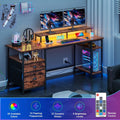 Satifur 61" Reversible 2-Tier Computer Desk with Power Outlet, LED Lights, File Cabinet &amp; Storage Shelves,Rustic Brown