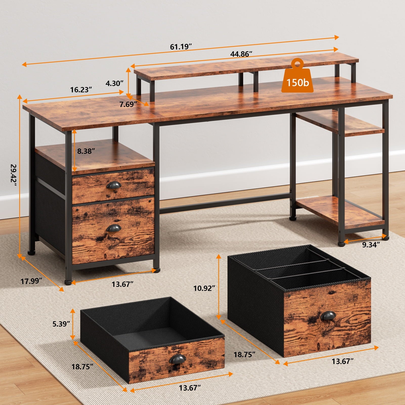 Satifur 61" Reversible 2-Tier Computer Desk with Power Outlet, LED Lights, File Cabinet &amp; Storage Shelves,Rustic Brown