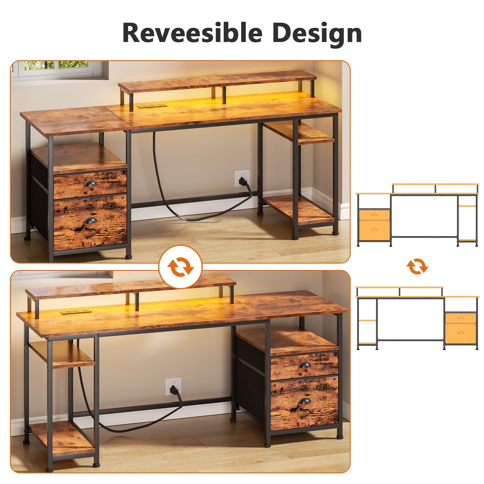 Satifur 61" Reversible 2-Tier Computer Desk with Power Outlet, LED Lights, File Cabinet &amp; Storage Shelves,Rustic Brown