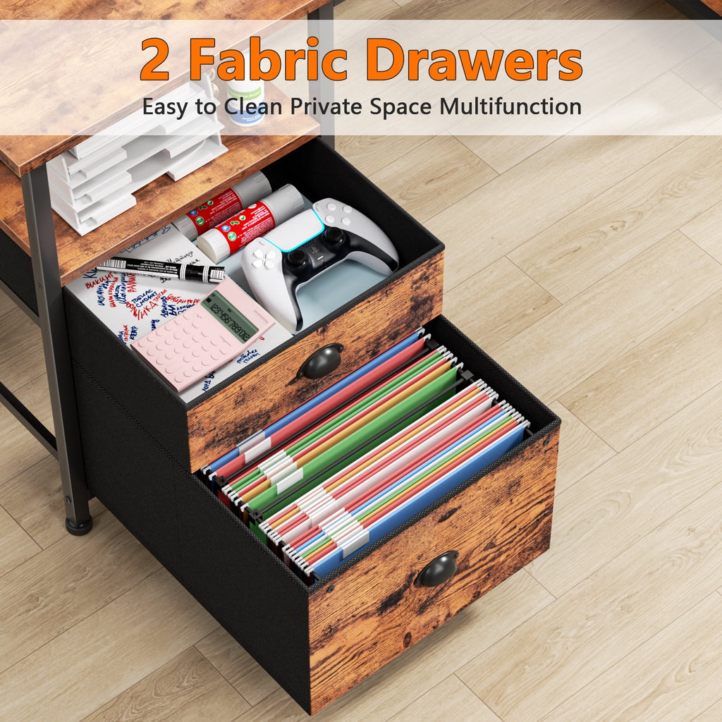 Satifur 61" Reversible 2-Tier Computer Desk with Power Outlet, LED Lights, File Cabinet &amp; Storage Shelves,Rustic Brown
