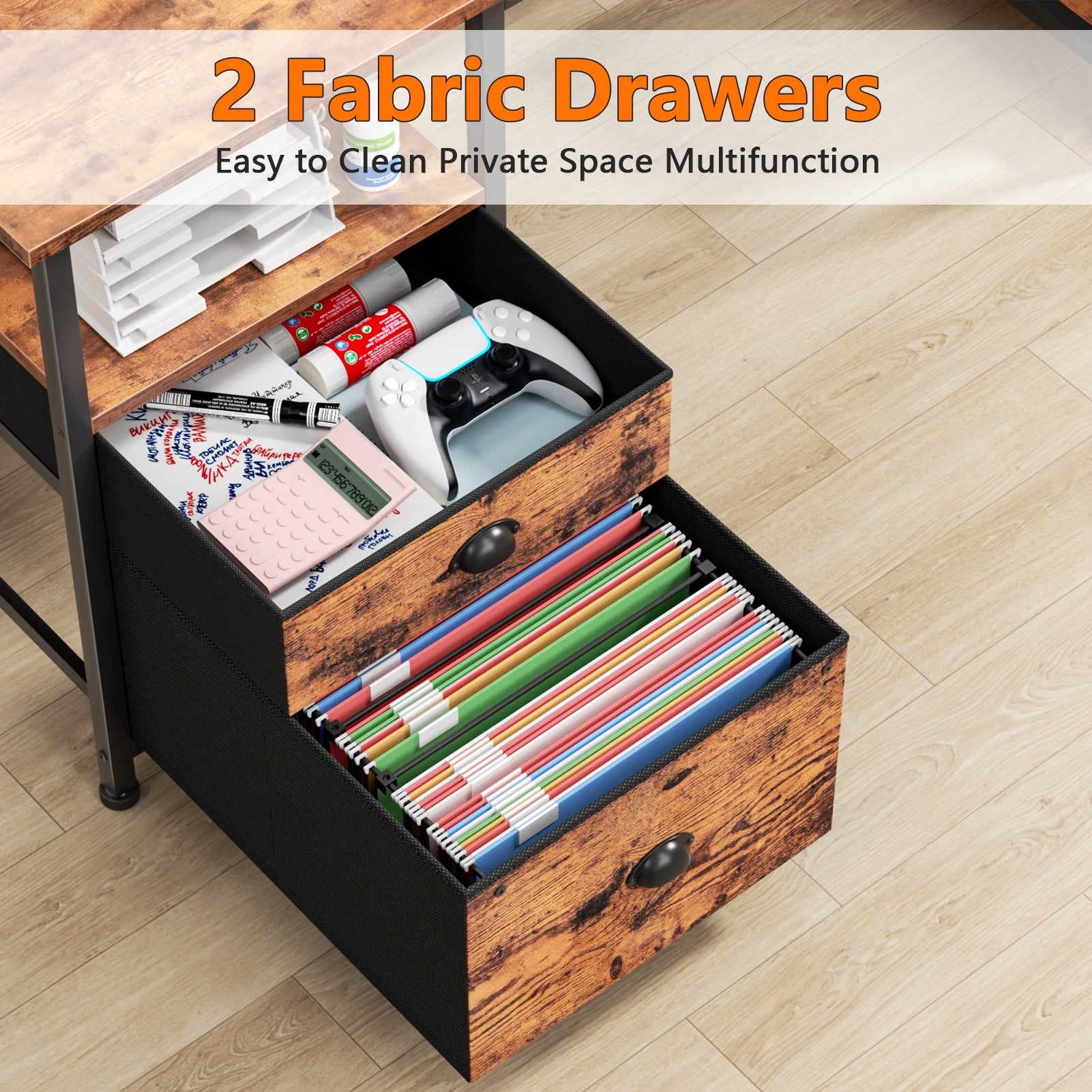 Satifur 61" Reversible 2-Tier Computer Desk with Power Outlet, LED Lights, File Cabinet &amp; Storage Shelves,Rustic Brown