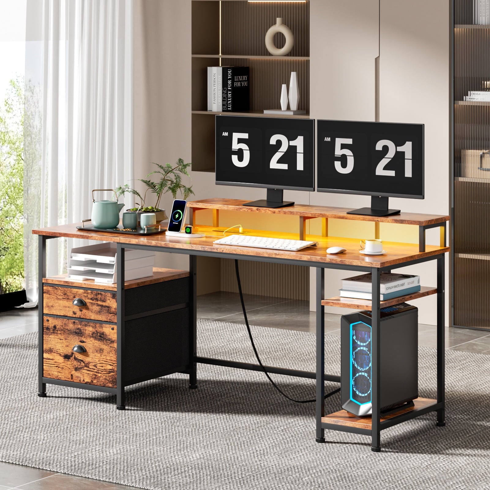 Satifur 61" Reversible 2-Tier Computer Desk with Power Outlet, LED Lights, File Cabinet &amp; Storage Shelves,Rustic Brown