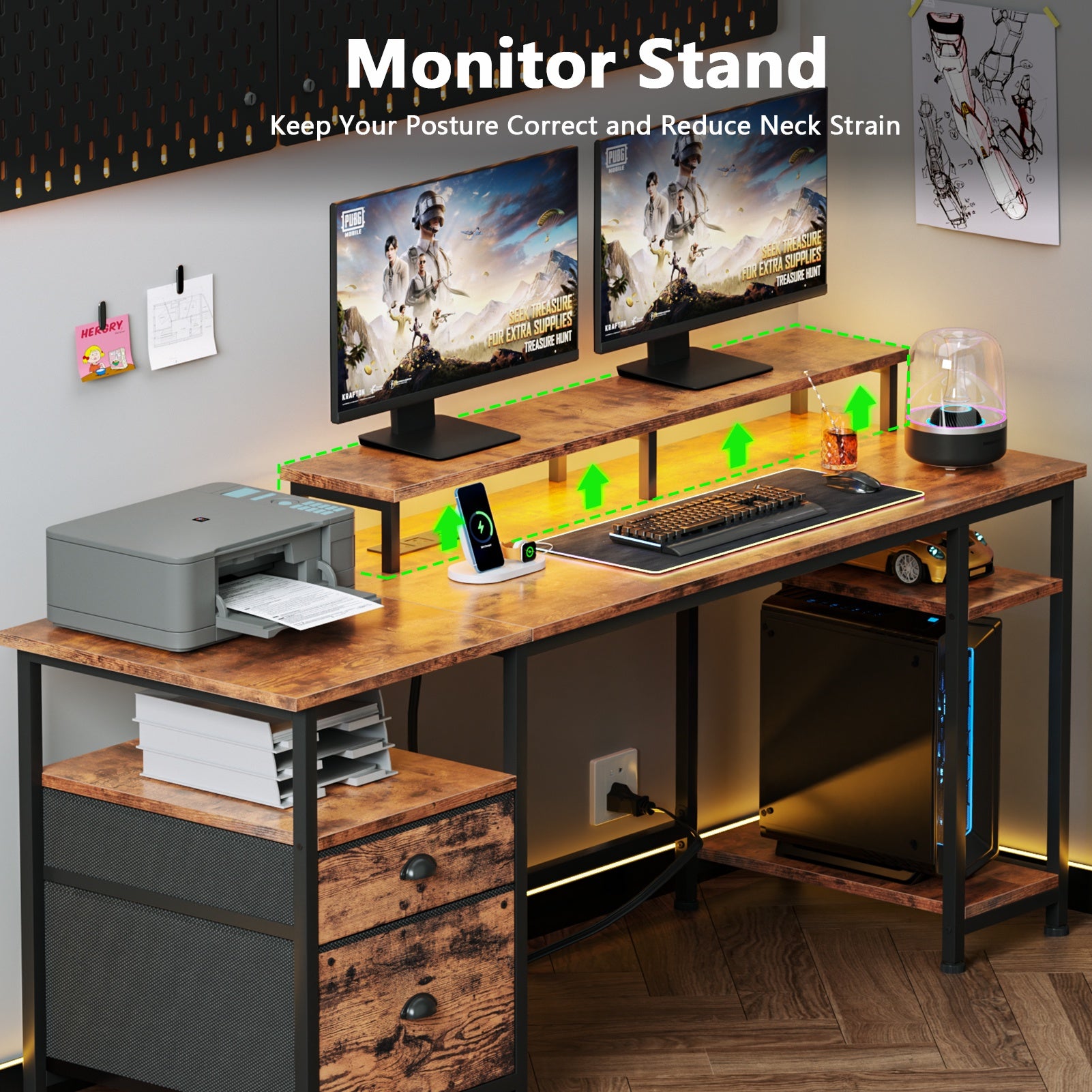 Satifur 61" Reversible 2-Tier Computer Desk with Power Outlet, LED Lights, File Cabinet &amp; Storage Shelves,Rustic Brown