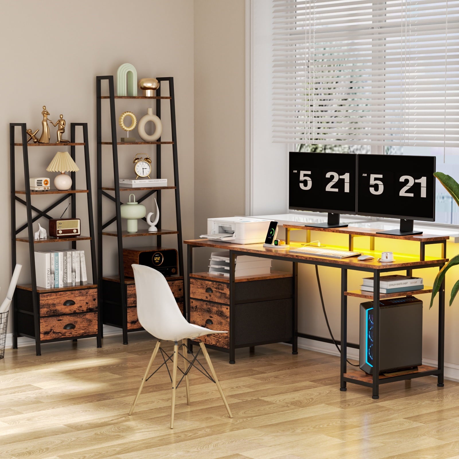 Satifur 61" Reversible 2-Tier Computer Desk with Power Outlet, LED Lights, File Cabinet &amp; Storage Shelves,Rustic Brown