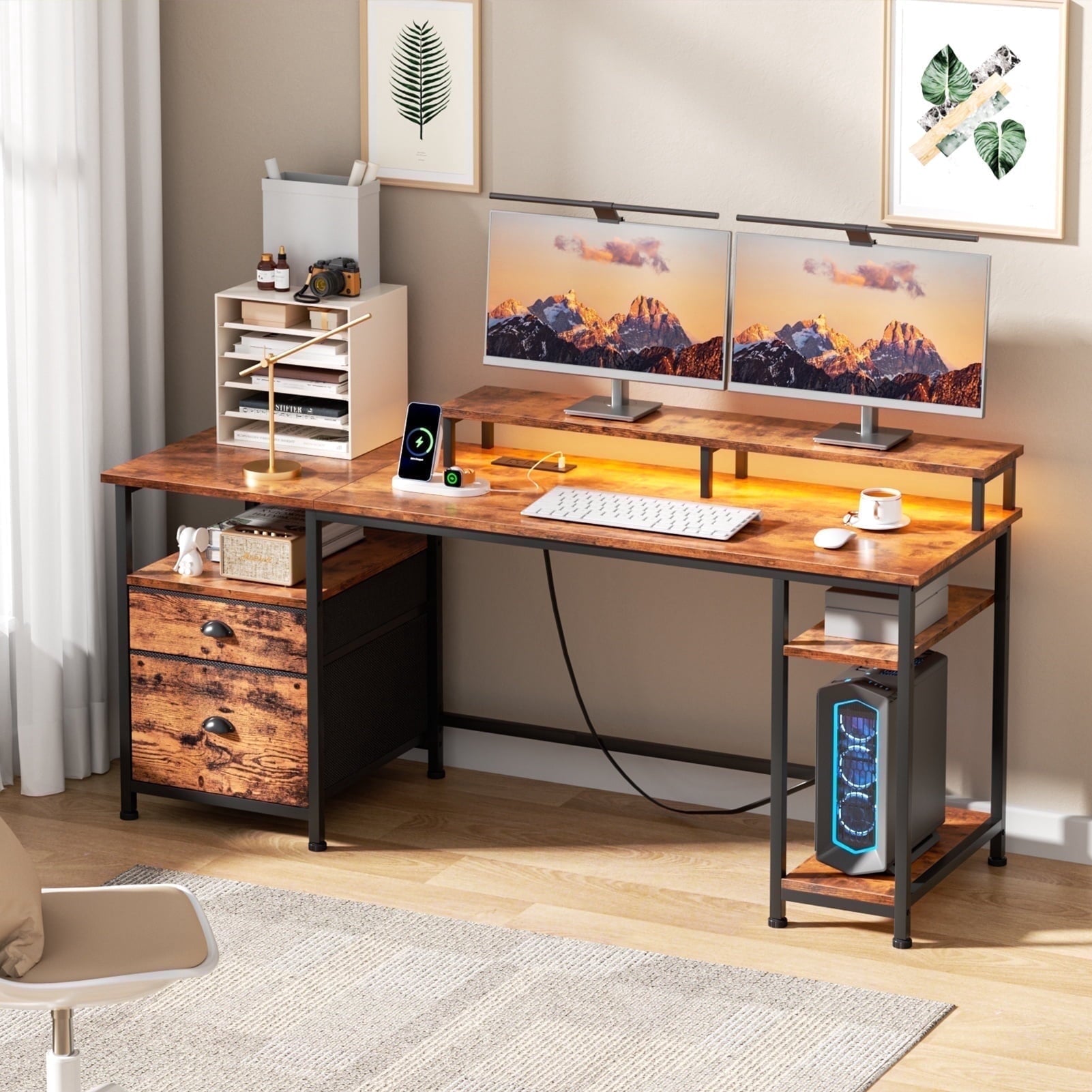 Satifur 61" Reversible 2-Tier Computer Desk with Power Outlet, LED Lights, File Cabinet &amp; Storage Shelves,Rustic Brown