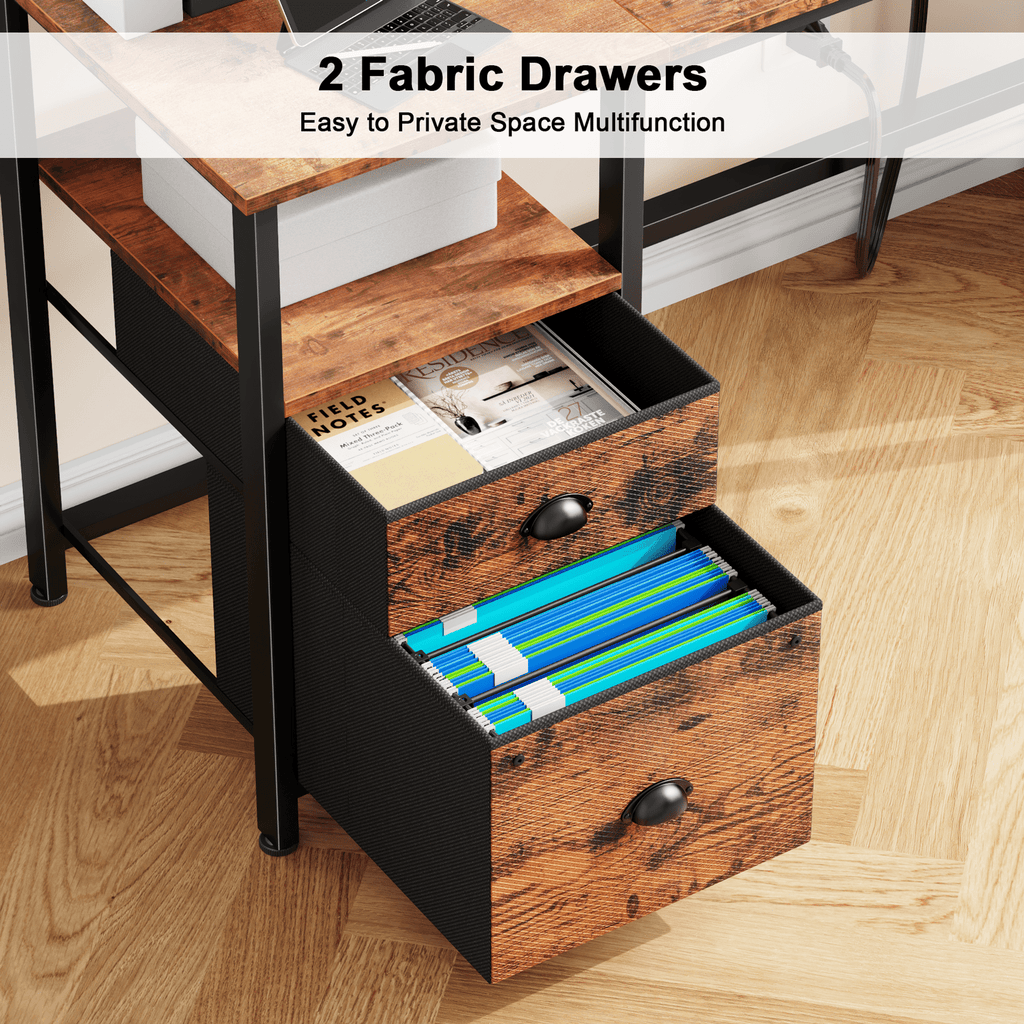 Satifur 61" Reversible 2-Tier Computer Desk with Power Outlet, LED Lights, File Cabinet &amp; Storage Shelves,Rustic Brown