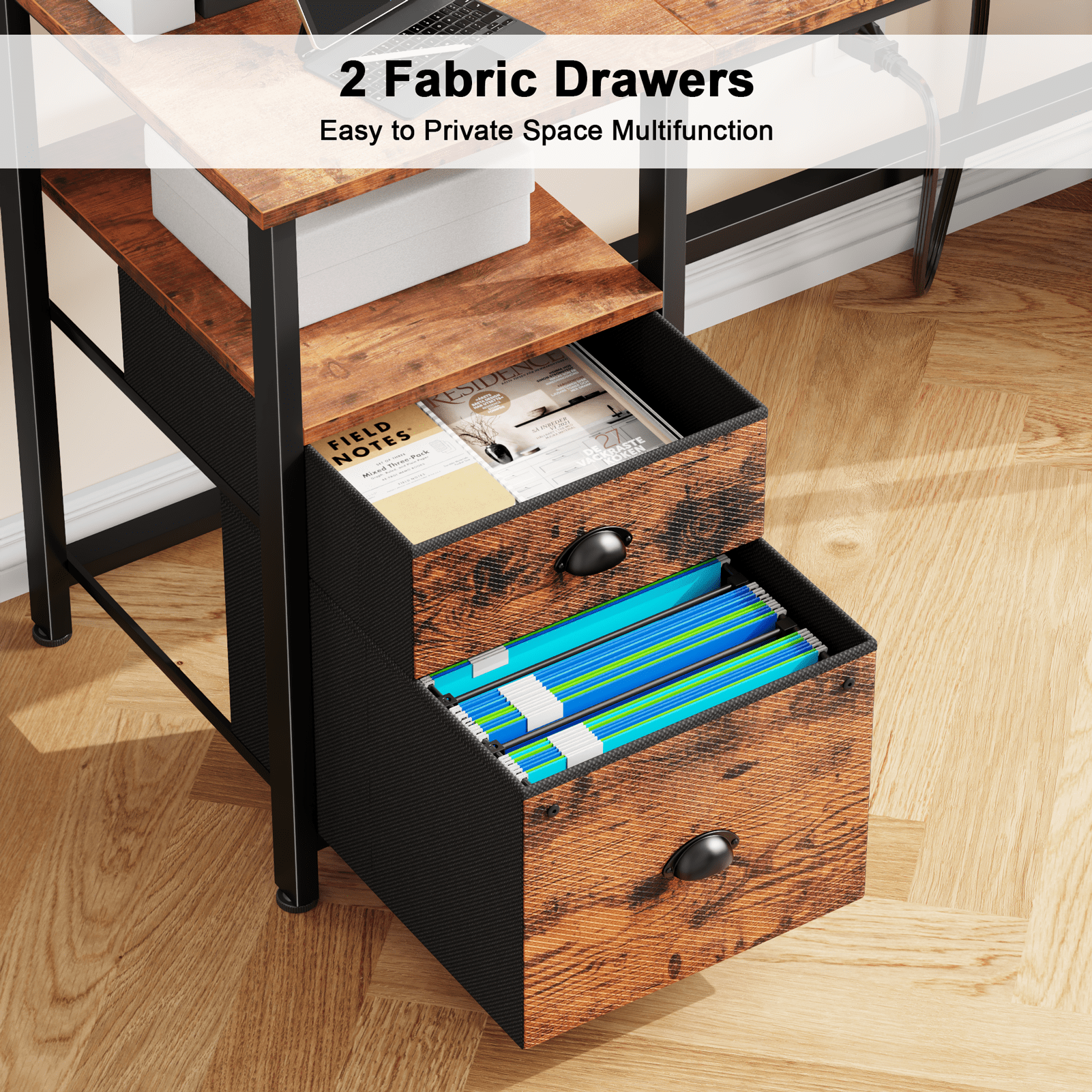 Satifur 61" Reversible 2-Tier Computer Desk with Power Outlet, LED Lights, File Cabinet &amp; Storage Shelves,Rustic Brown