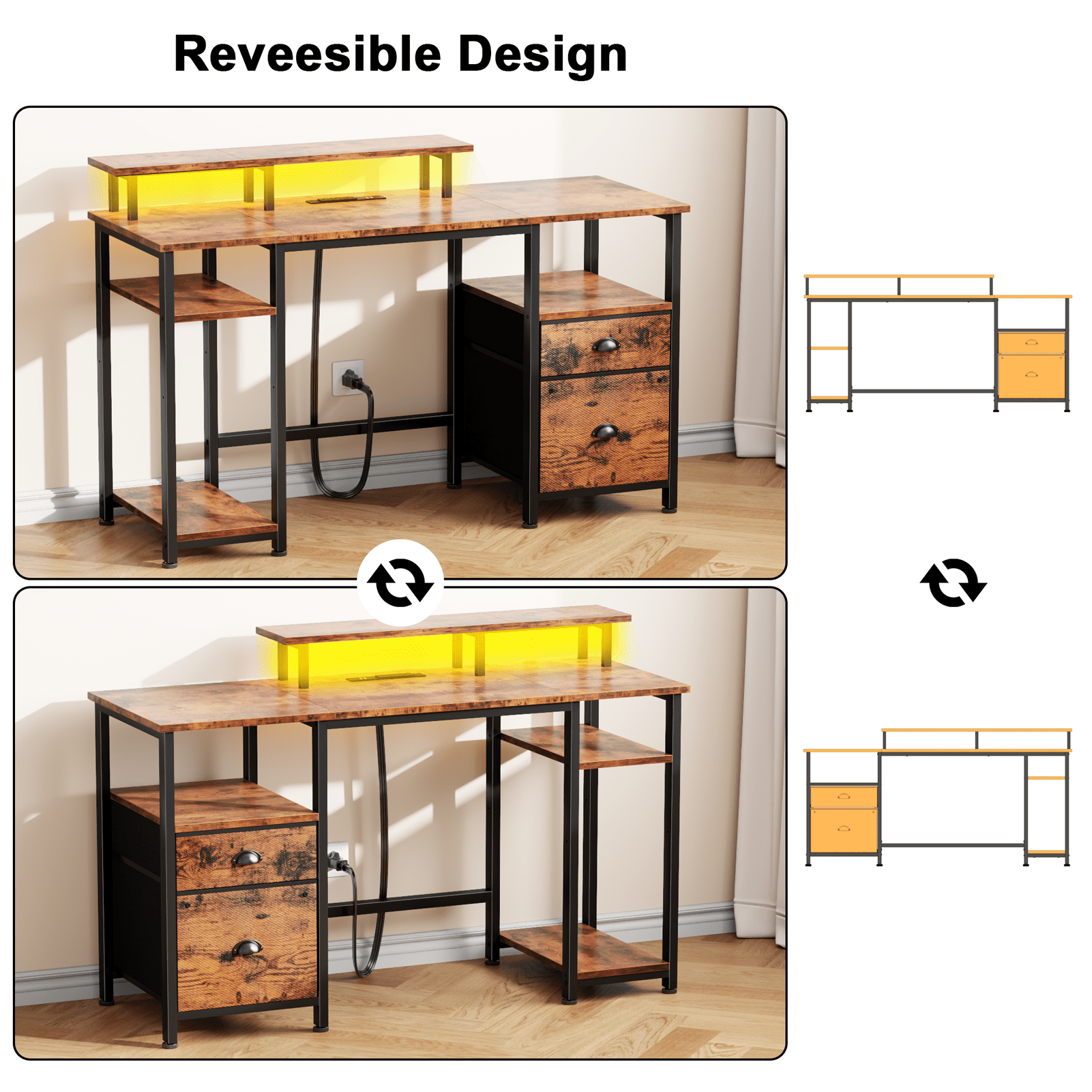 Satifur 61" Reversible 2-Tier Computer Desk with Power Outlet, LED Lights, File Cabinet &amp; Storage Shelves,Rustic Brown