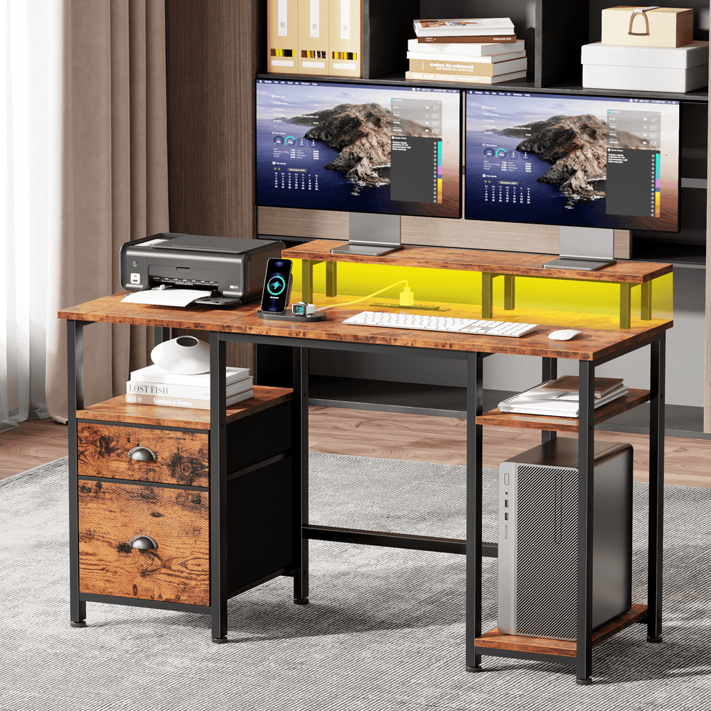 Satifur 61" Reversible 2-Tier Computer Desk with Power Outlet, LED Lights, File Cabinet &amp; Storage Shelves,Rustic Brown