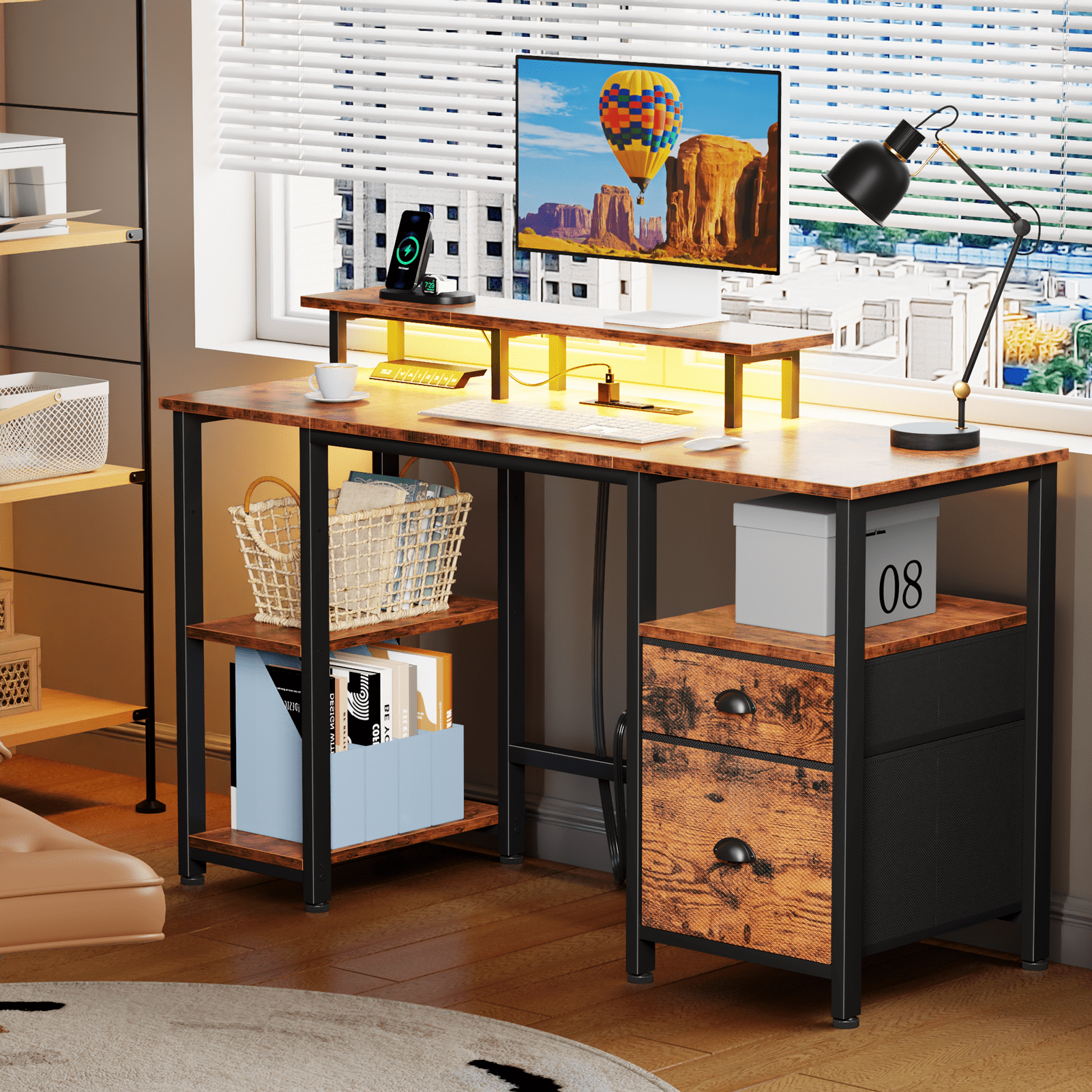 Satifur 61" Reversible 2-Tier Computer Desk with Power Outlet, LED Lights, File Cabinet &amp; Storage Shelves,Rustic Brown