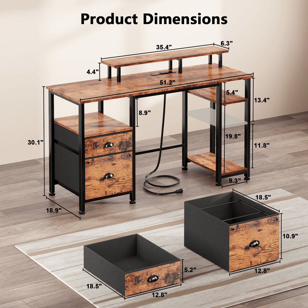 Satifur 61" Reversible 2-Tier Computer Desk with Power Outlet, LED Lights, File Cabinet &amp; Storage Shelves,Rustic Brown