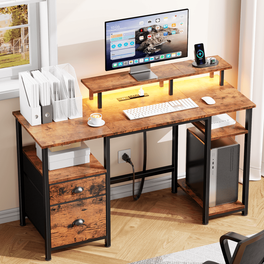 Satifur 61" Reversible 2-Tier Computer Desk with Power Outlet, LED Lights, File Cabinet &amp; Storage Shelves,Rustic Brown