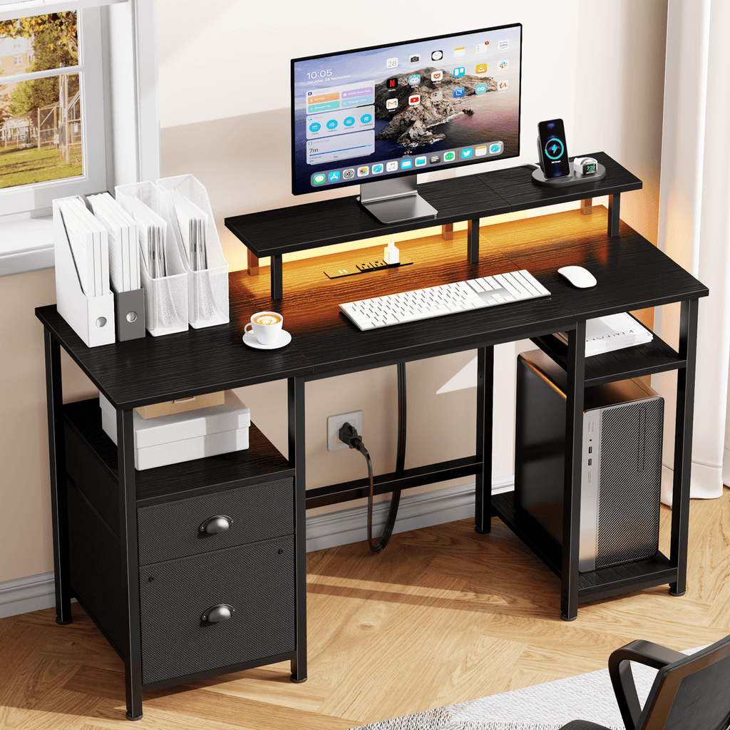 Satifur 61" Reversible 2-Tier Computer Desk with Power Outlet, LED Lights, File Cabinet &amp; Storage Shelves,Rustic Brown