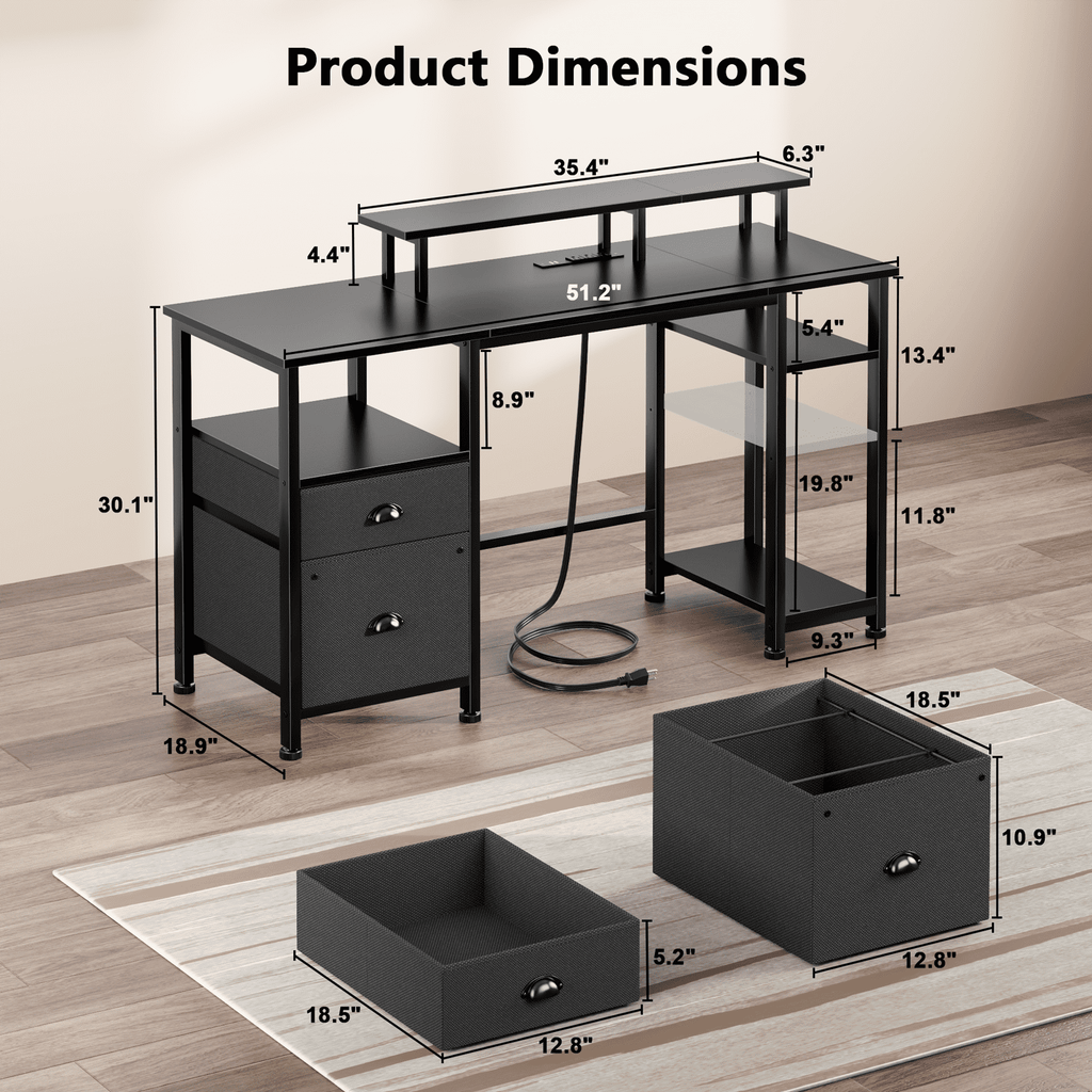 Satifur 61" Reversible 2-Tier Computer Desk with Power Outlet, LED Lights, File Cabinet &amp; Storage Shelves,Rustic Brown