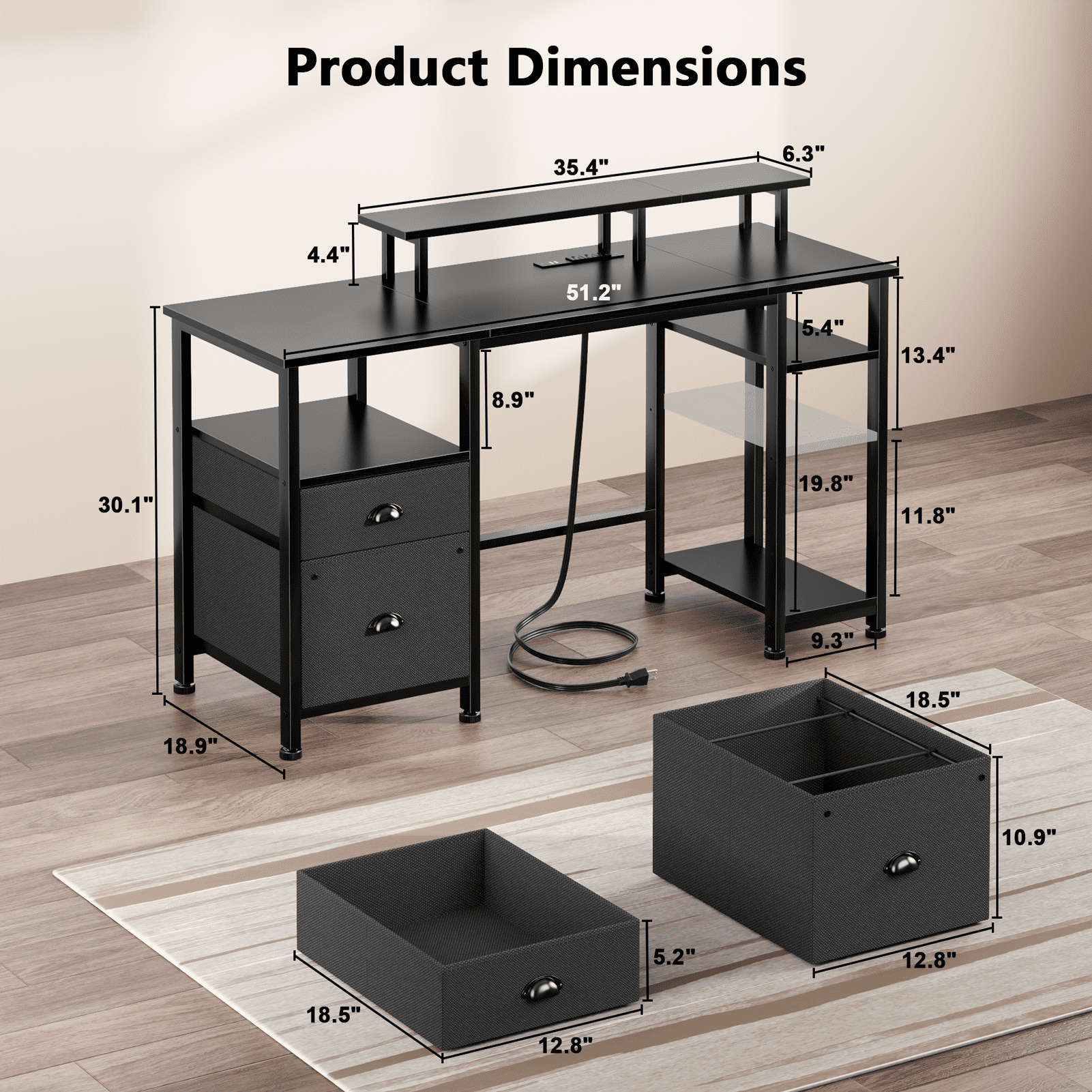 Satifur 61" Reversible 2-Tier Computer Desk with Power Outlet, LED Lights, File Cabinet &amp; Storage Shelves,Rustic Brown