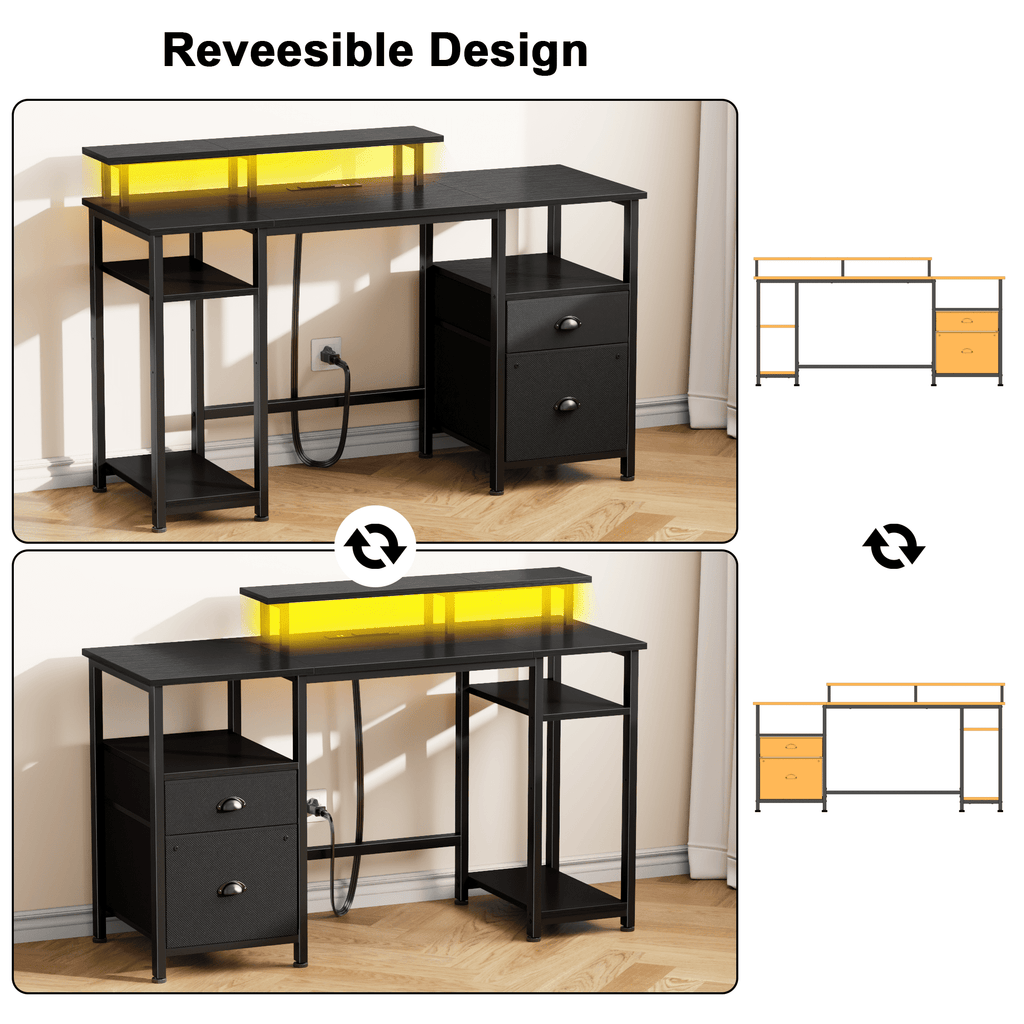 Satifur 61" Reversible 2-Tier Computer Desk with Power Outlet, LED Lights, File Cabinet &amp; Storage Shelves,Rustic Brown