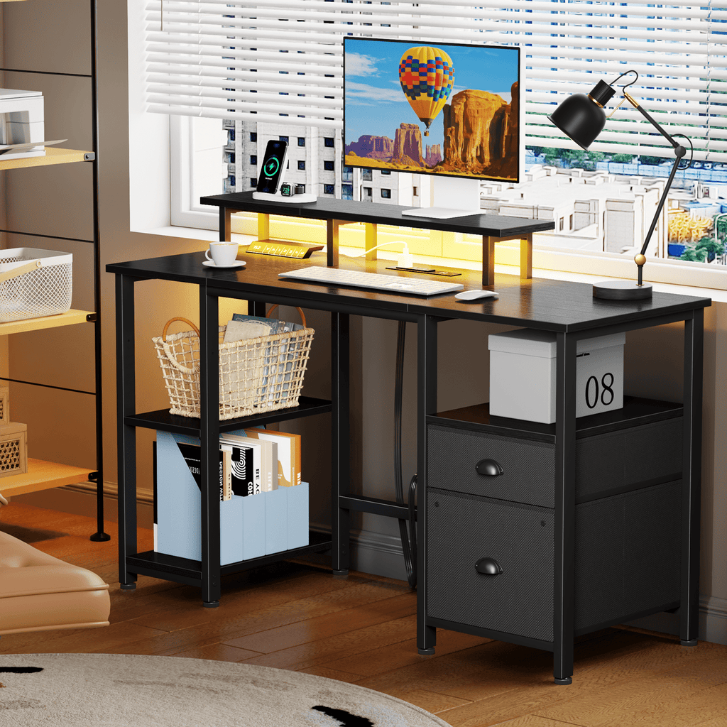 Satifur 61" Reversible 2-Tier Computer Desk with Power Outlet, LED Lights, File Cabinet &amp; Storage Shelves,Rustic Brown