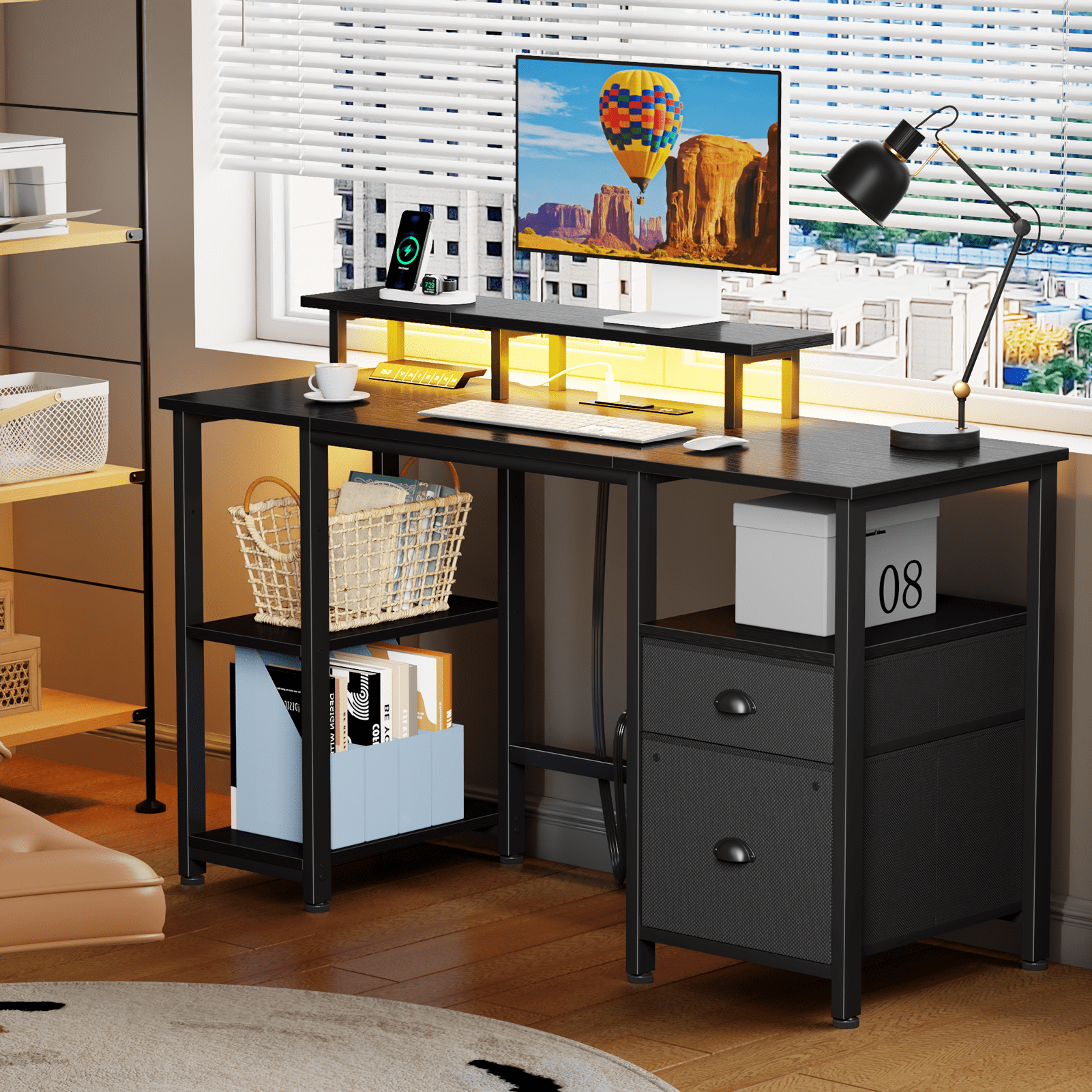 Satifur 61" Reversible 2-Tier Computer Desk with Power Outlet, LED Lights, File Cabinet &amp; Storage Shelves,Rustic Brown