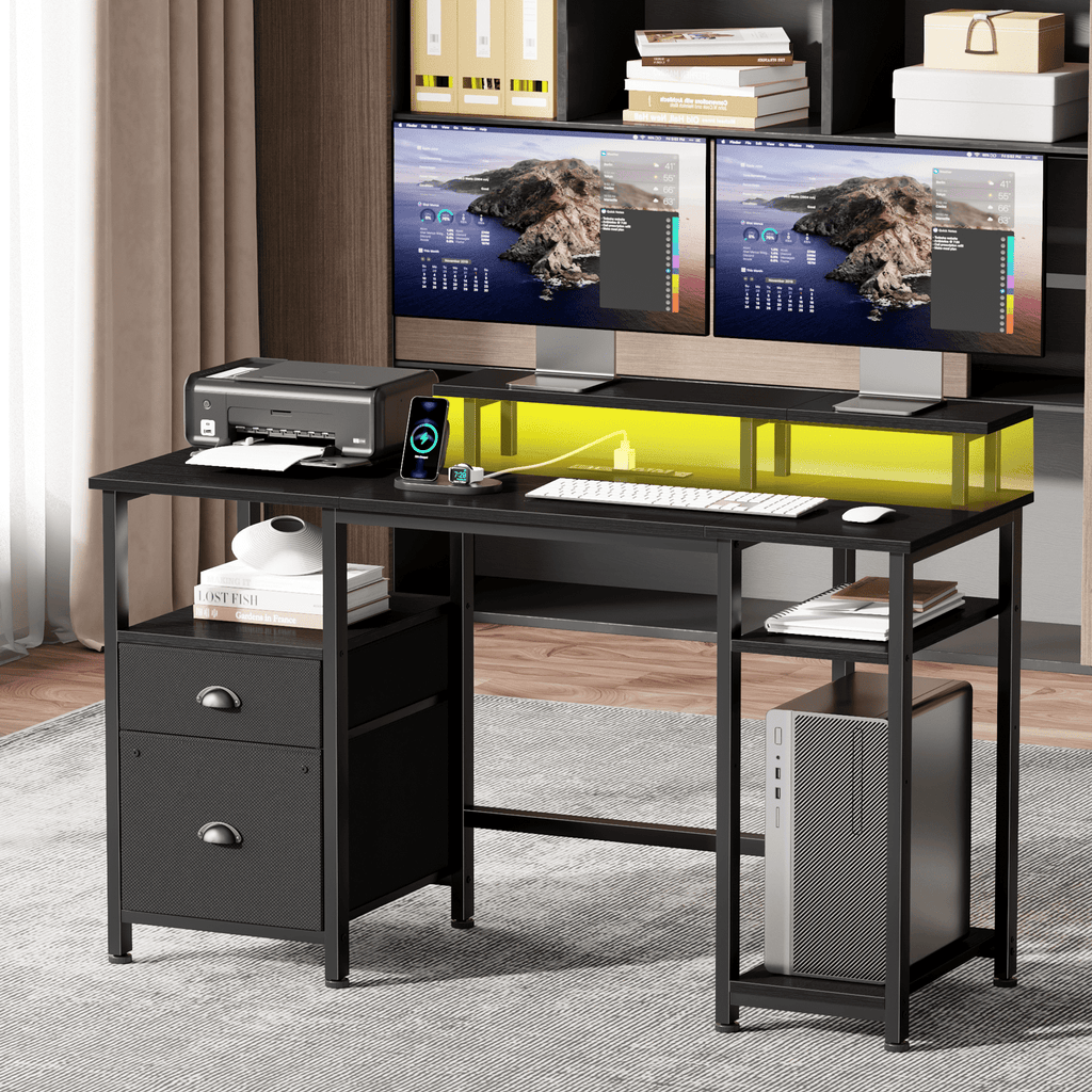 Satifur 61" Reversible 2-Tier Computer Desk with Power Outlet, LED Lights, File Cabinet &amp; Storage Shelves,Rustic Brown