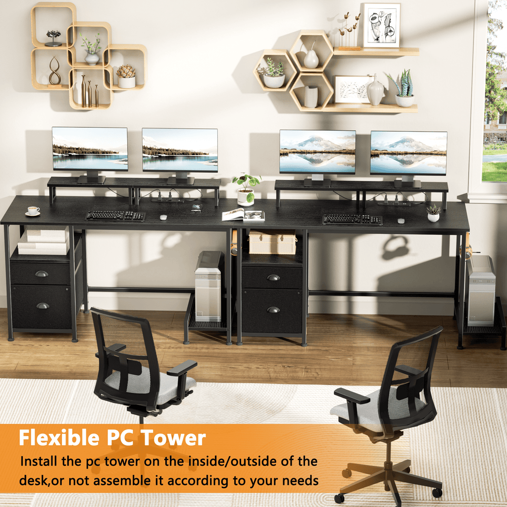 Satifur 61" Reversible 2-Tier Computer Desk with Power Outlet, LED Lights, File Cabinet &amp; Storage Shelves,Rustic Brown