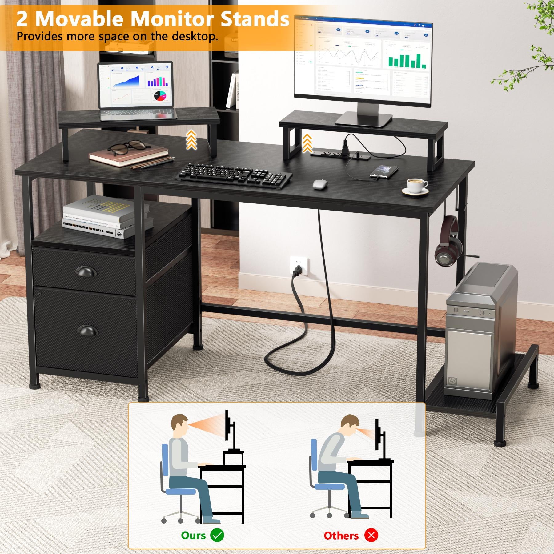 Satifur 61" Reversible 2-Tier Computer Desk with Power Outlet, LED Lights, File Cabinet &amp; Storage Shelves,Rustic Brown