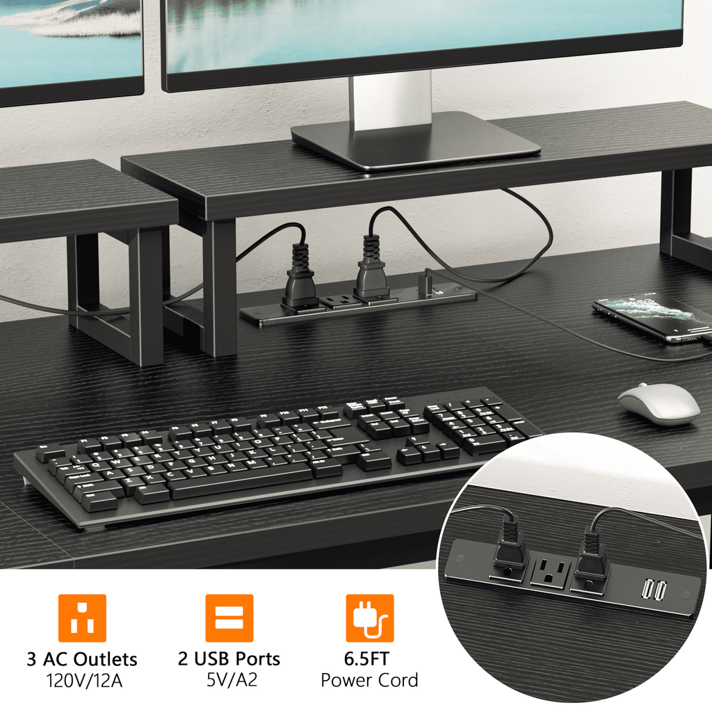 Satifur 61" Reversible 2-Tier Computer Desk with Power Outlet, LED Lights, File Cabinet &amp; Storage Shelves,Rustic Brown