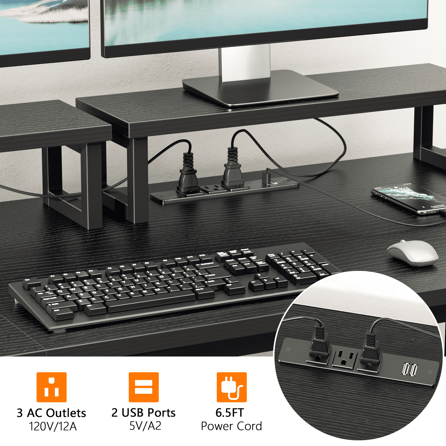 Satifur 61" Reversible 2-Tier Computer Desk with Power Outlet, LED Lights, File Cabinet &amp; Storage Shelves,Rustic Brown