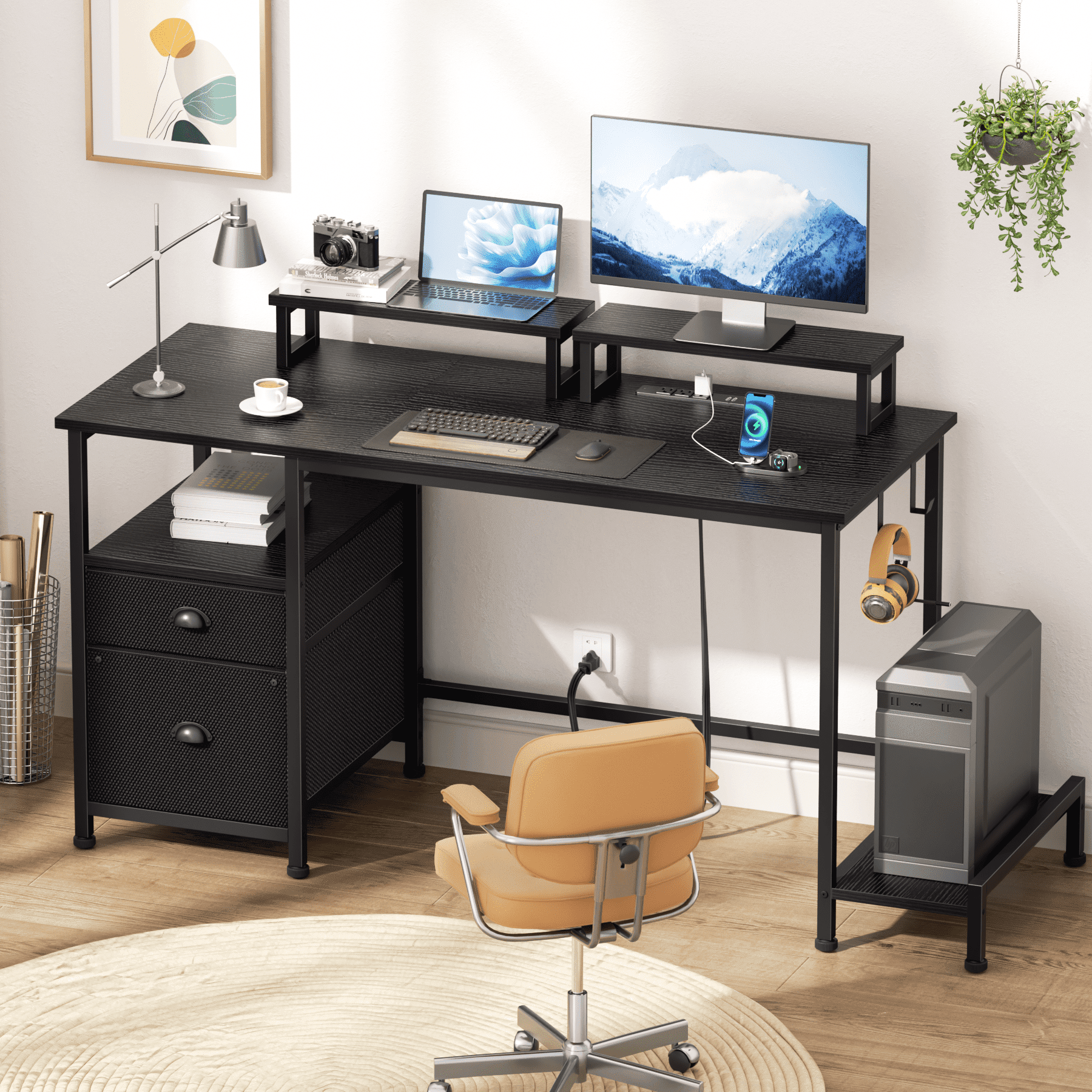 Satifur 61" Reversible 2-Tier Computer Desk with Power Outlet, LED Lights, File Cabinet &amp; Storage Shelves,Rustic Brown