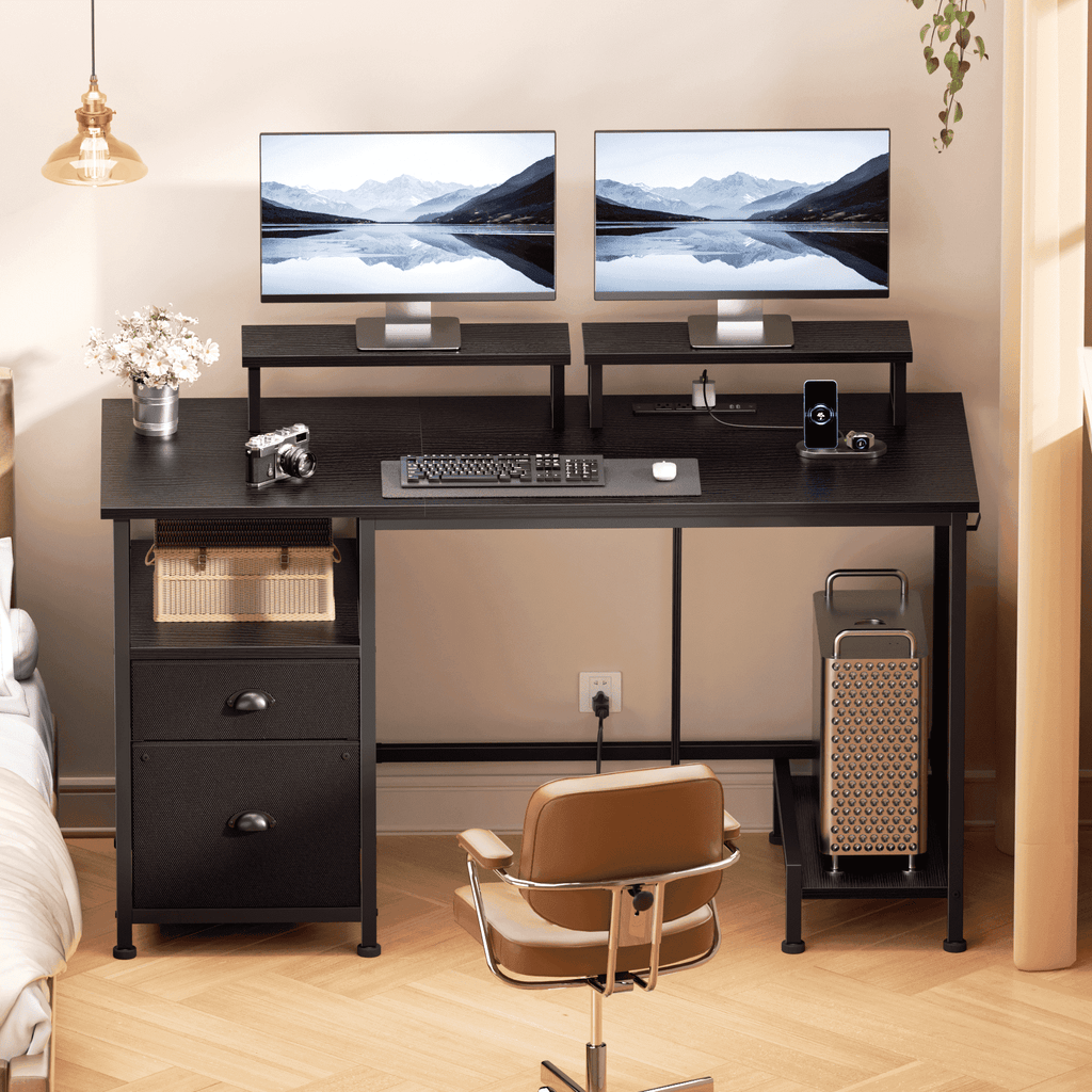 Satifur 61" Reversible 2-Tier Computer Desk with Power Outlet, LED Lights, File Cabinet &amp; Storage Shelves,Rustic Brown